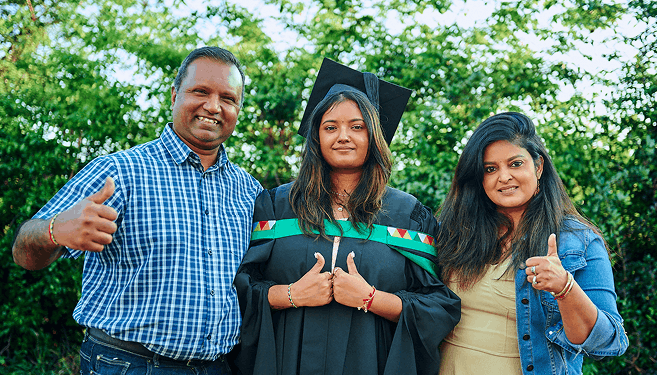 Master of Science in Biological Sciences graduate, Ms Jezelle Madhan, with her parents, Mr Suren and Ms Junitha Madhan.